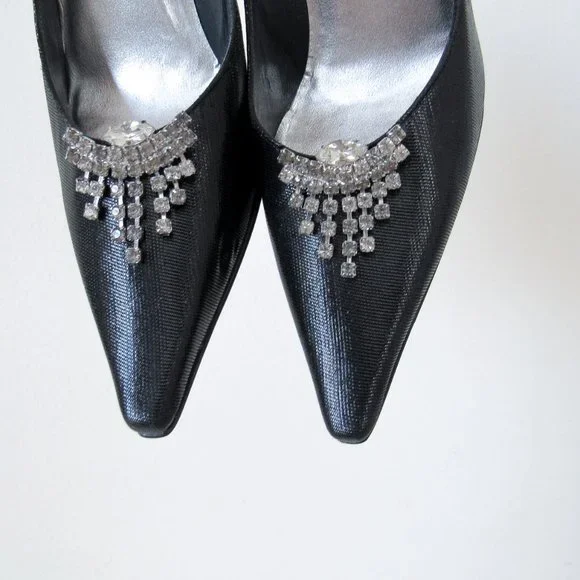 STUART WEITZMEN Classic Black Pointed Toe Pumps Crystal Charm Fringe Heels - Picture 3 of 15